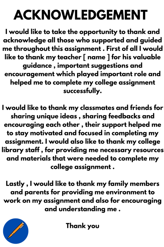 acknowledgement for college assignment