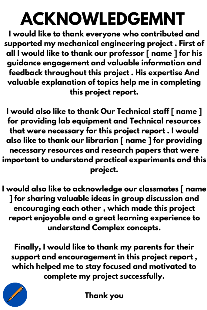 acknowledgement for project report in mechanical engineering